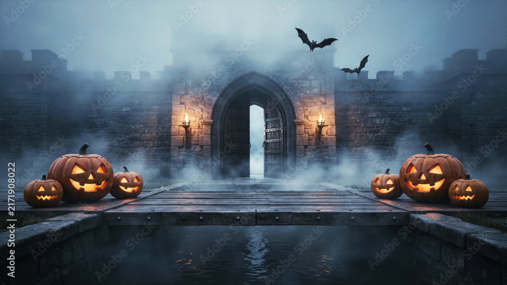 Naklejka premium Halloween Jack-O-Lanterns on Drawbridge with Castle Gate, Torches and Bats in Fog