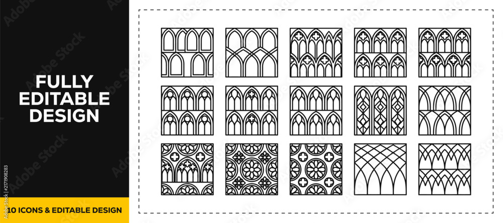 Fototapeta premium flat vector illustration line art icon bundle set design highlighting gothic window styles arched frames and medieval architecture for historical building renovation apps