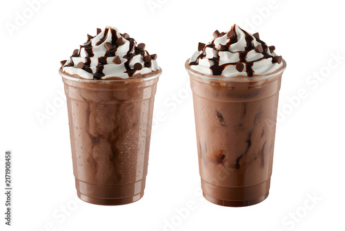 Chocolate Mocha Frappe with Whipped Cream and Chocolate Drizzle in Plastic Takeaway Cup on Transparent Background