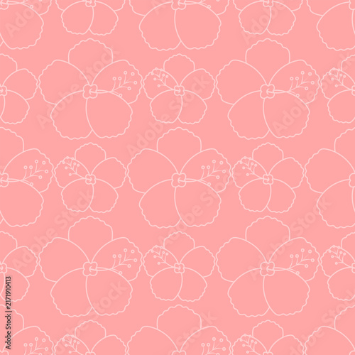 Hibicus. Chinese rose. White sketch. Seamless vector pattern. Pink background. Doodle style.