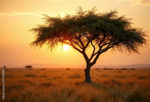 Acacia Tree with Compound Feathery Leaves Against the Savanna Sunset Providing Shelter and Wildlife Habitat