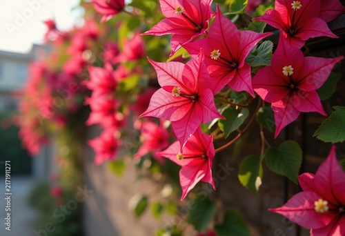 Colorful Bougainvillea Bracts Climbing Urban Wall Vivid Floral Transformation Outdoor Beauty