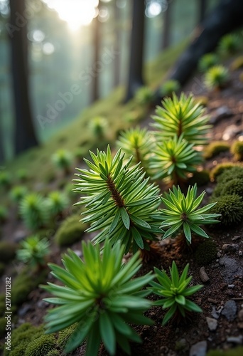 Clustered Needle Foliage of Larch Trees on a Hillside Tapestry