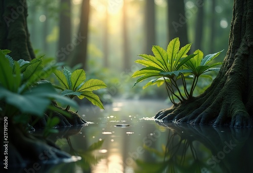 Cypress Swamp Ecological System with Scale-Layered Greenery and Reflections Over Still Waters