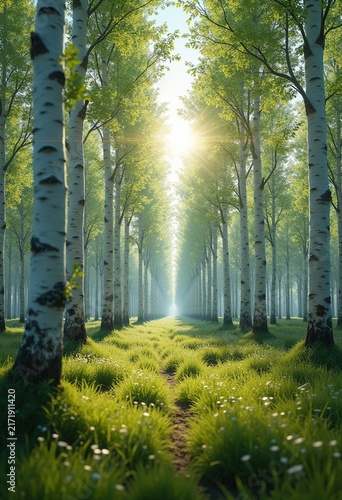 Distinctive White Bark Birch Trees in a Serene Forest Setting Under Vibrant Clear Skies