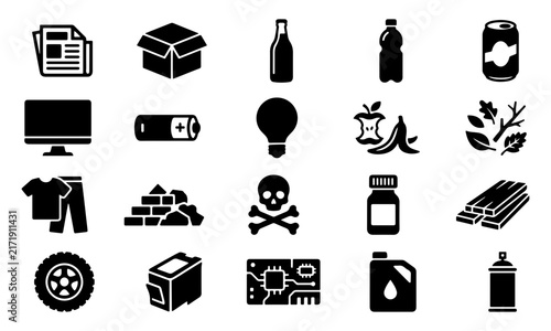 Sorting and recycling black silhouette icons representing different categories of householdwaste and environmental trash