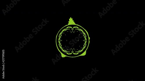 A graphic circular loop of rhythmic audio frequency sound waves in the background.