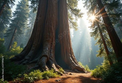 Giant Sequoia Emerges in Towering Canopy Rays of Sunlight Creating a Majestic Atmosphere in the Forest