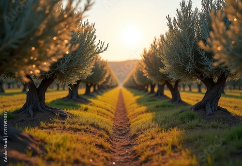 Olive Tree Orchard with Silvery Gray Foliage Surrounded by Serene Fields and Gentle Hills