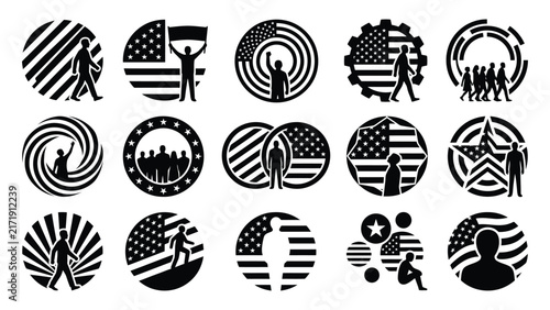 Collection of circular designs featuring american flags and patriotic symbols in black