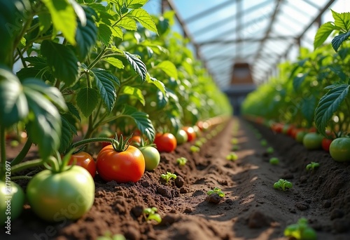 Vibrant Vegetable Garden with Lush Vines and Ripe Tomatoes Thriving Under Blue Sky