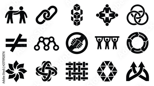 Collection of black silhouette icons depicting connection unity and ancient symbolism