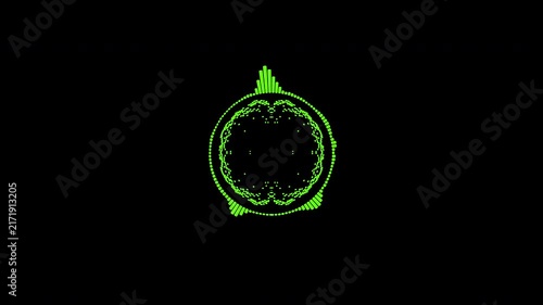 A graphic circular loop of rhythmic audio frequency sound waves in the background.