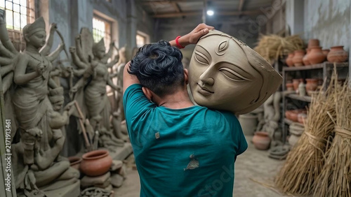 Kolkata Artist Making Durga Idol for Durga Puja Festival
