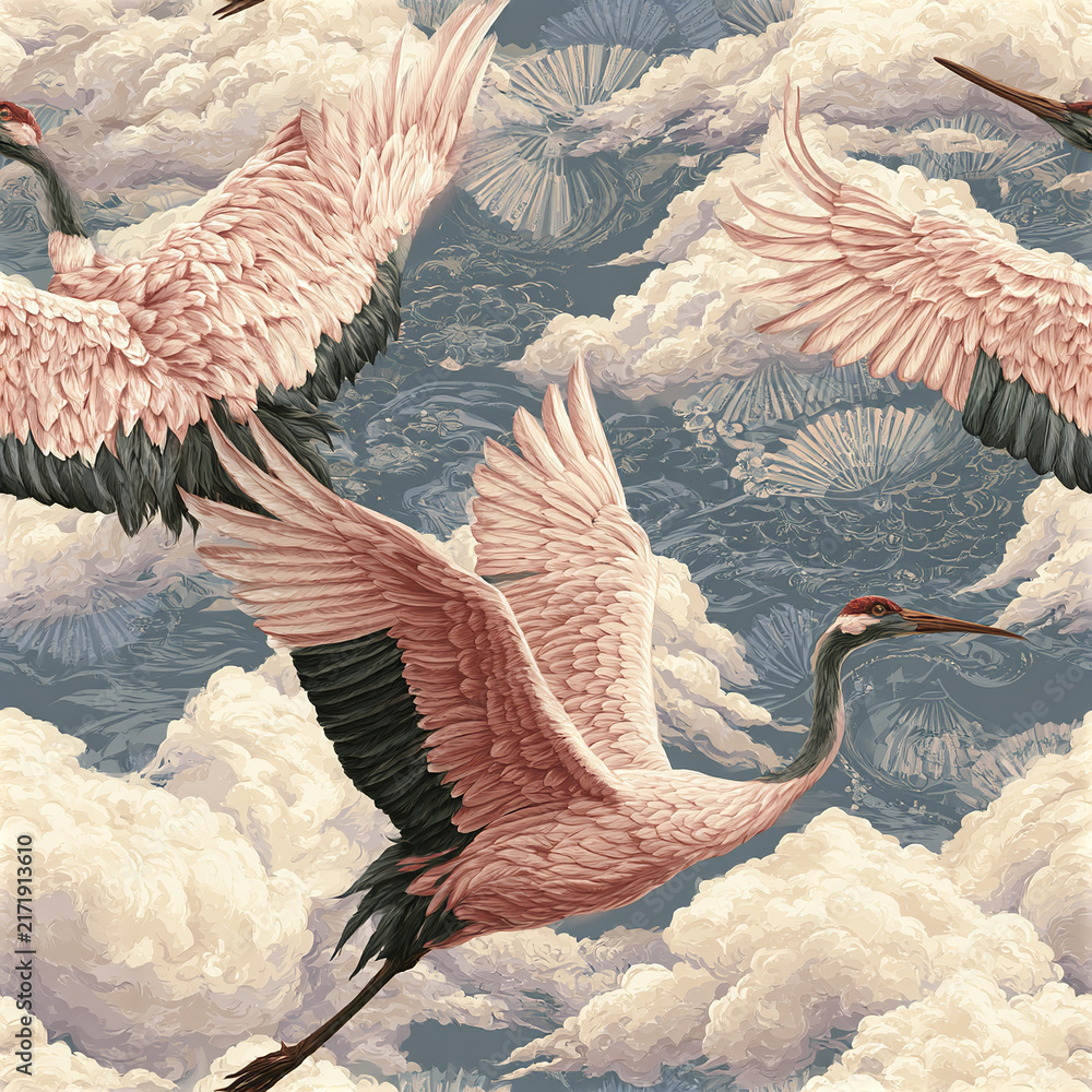 Naklejka premium Pink crane bird flying with black wing tips in cloudy sky seamless pattern with floral and fan shapes