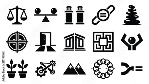 Collection of black silhouette icons representing law nature and architectural concepts