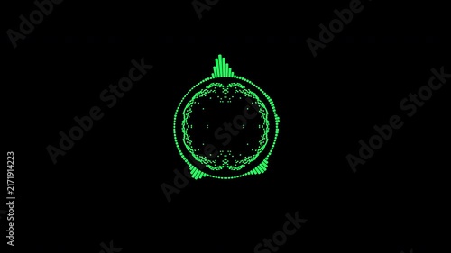 A graphic circular loop of rhythmic audio frequency sound waves in the background.