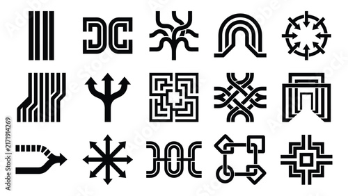 Photography Collection of ancient symbols and geometric patterns on a white background