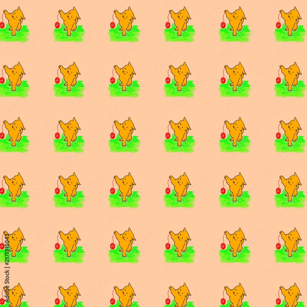 Fototapeta premium Cute orange kitten playing with red ball of yarn seamless pattern background. Cute pet animal illustration for children wallpaper, fabric print, nursery art, and scrapbooking.