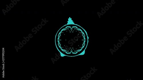 A graphic circular loop of rhythmic audio frequency sound waves in the background.