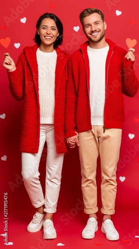 A smiling couple in matching red cardigans holds hands and heart props against a red background with scattered hearts.