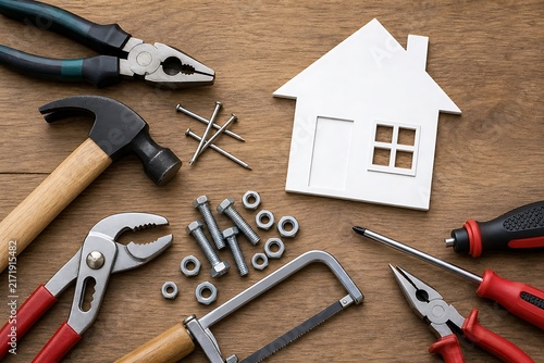 Wooden house model surrounded by tools on a wooden surface