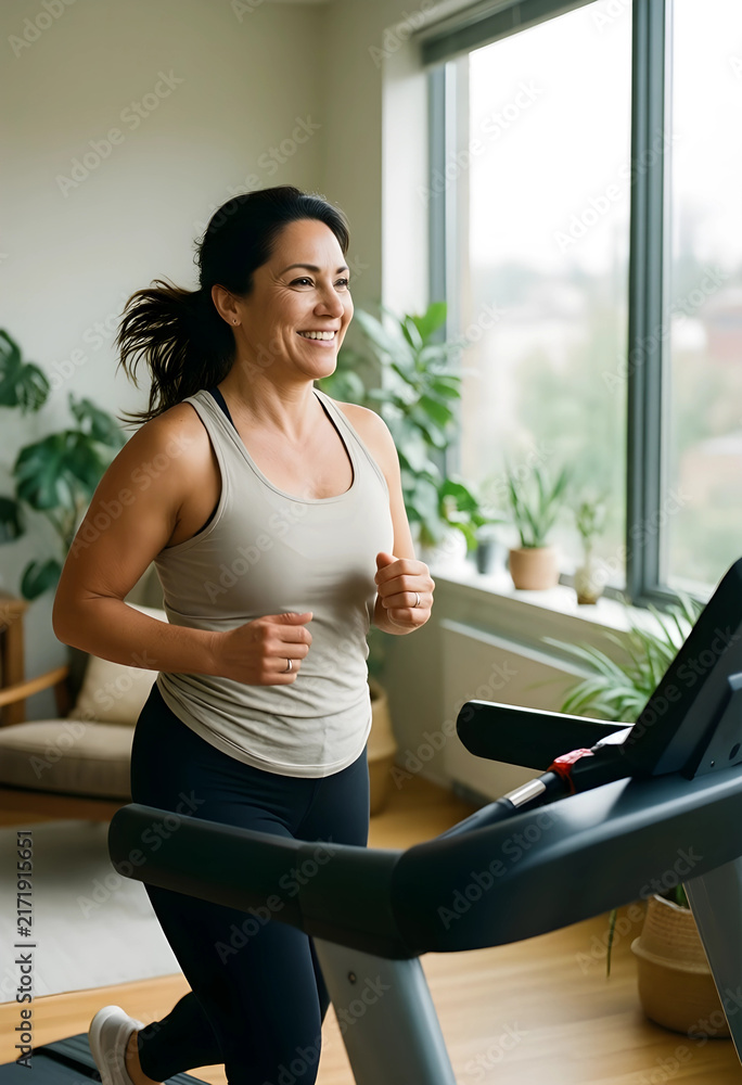 Obraz premium Healthy lifestyle and fitness, happy woman running on a treadmill at home for cardiovascular exercise and weight loss in a bright modern living room