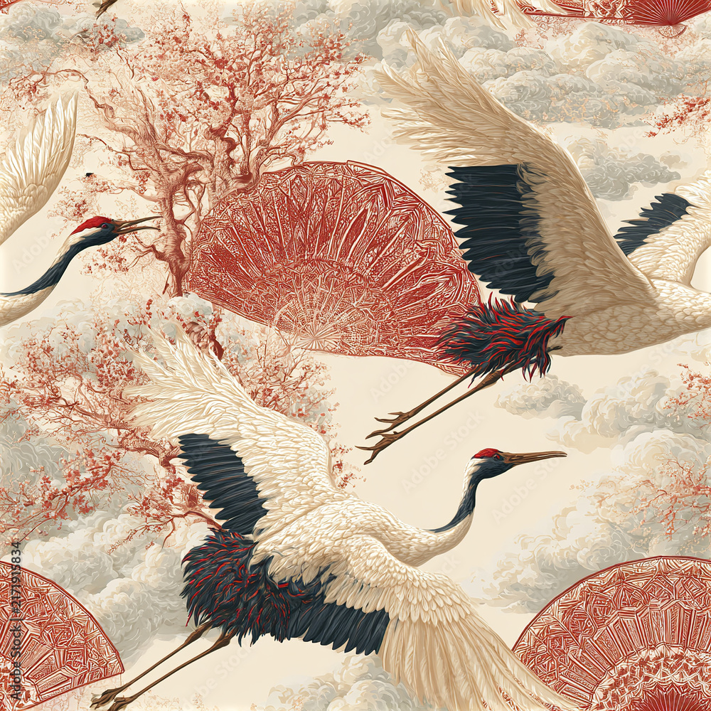 Naklejka premium Contemporary Japanese seamless pattern with flying cranes, red fans, and blossoming trees creating elegant and serene
