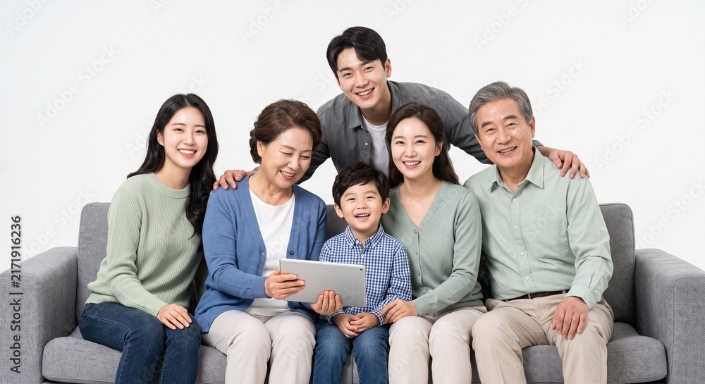 Fototapeta premium An Asian family of six people smiling on a living room sofa