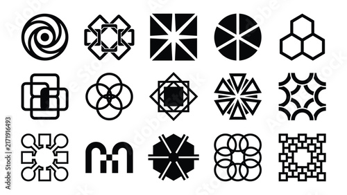 Collection of abstract geometric black and white icons arranged in a grid pattern