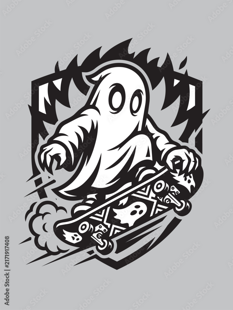 Obraz premium Duch na Deskorolce z Ogniem Halloweenowy Mroczny Czarno-Biała Ilustracja Wektorowa