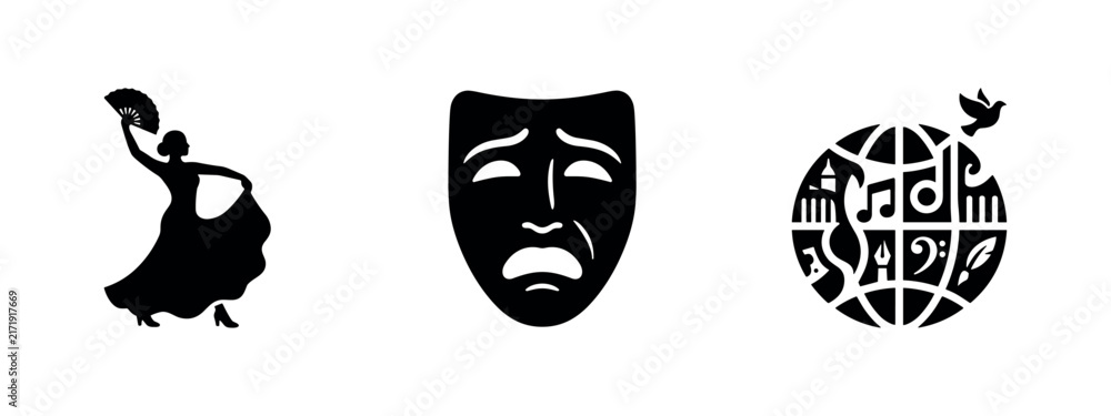 Fototapeta premium Performing Arts and Diverse Global Culture Icons Set - Dancer, Tragedy Mask, World Peace