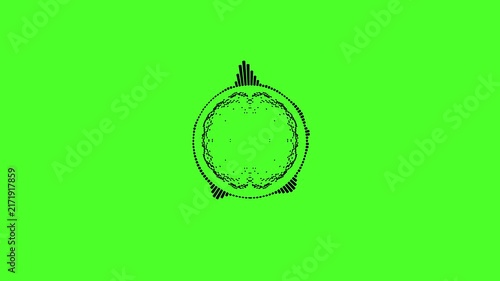 A graphic circular loop of rhythmic audio frequency sound waves in the background.