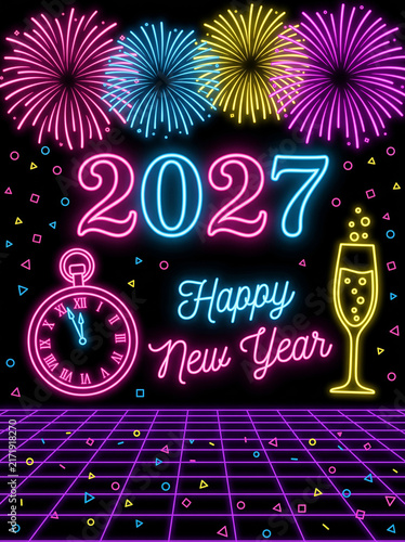 Neon Happy New Year 2027 banner poster card design vertical