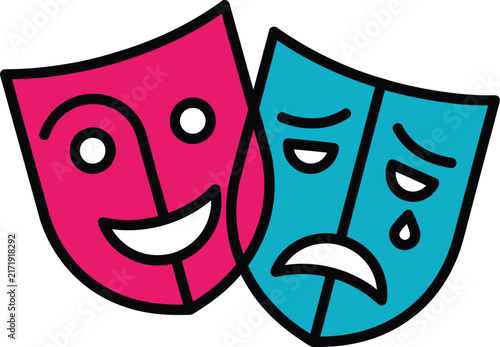 Bild auf Leinwand Comedy and tragedy theater masks vector illustration in bold pink and blue line art style representing drama performance and classic acting icons