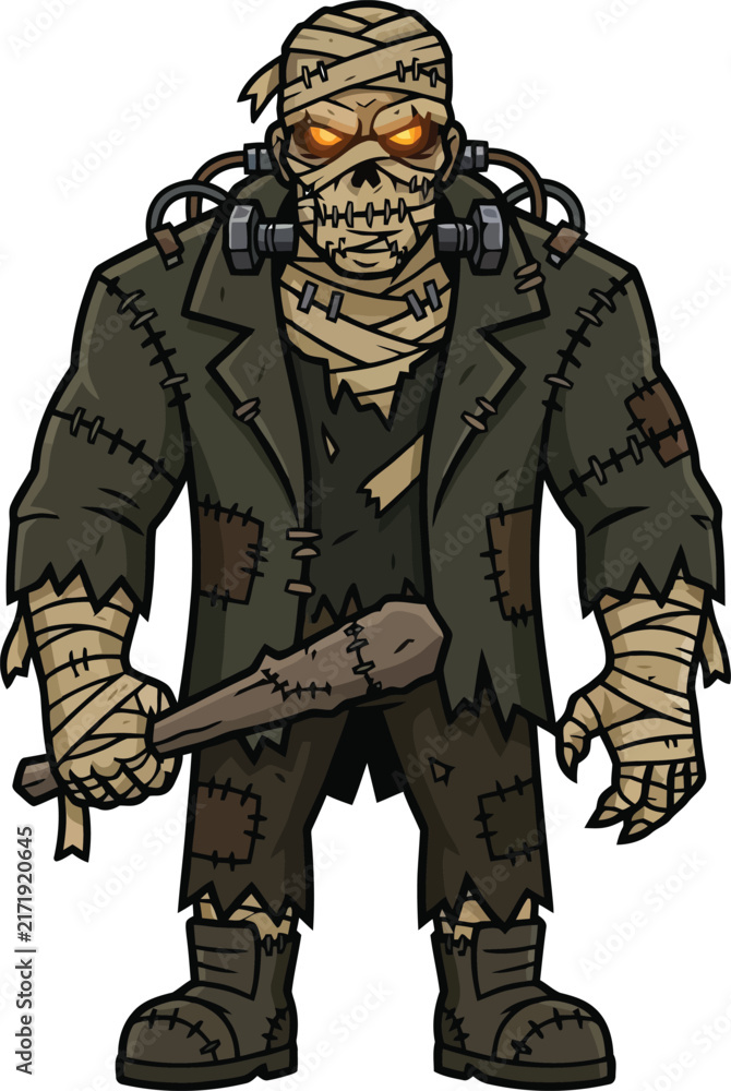 Fototapeta premium Cartoon illustration of a monstrous mummy character holding a wooden club.