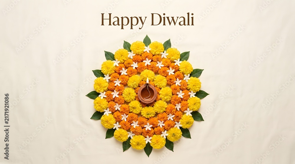 Fototapeta premium Beautiful floral rangoli design with a lit diya lamp for the traditional indian festival of lights happy diwali