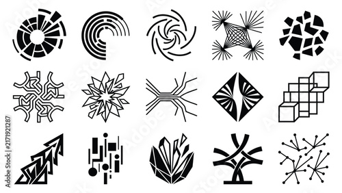 Collection of abstract black and white geometric line art designs and patterns