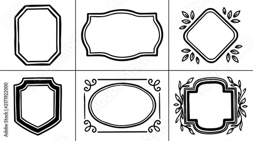 Hand drawn decorative frame collection with ornamental floral and vintage label outlines