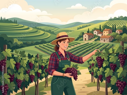 Viticulturist Harvesting Ripe Grapes in Sunny Vineyard During Autumn Vendemmia Season