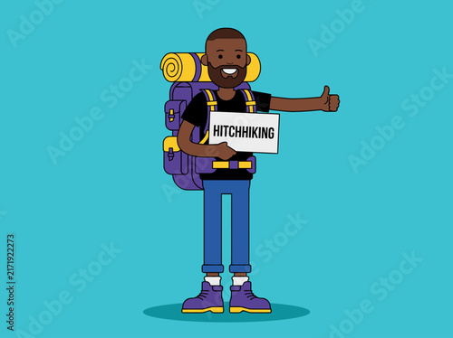 Foto Happy Black Male Backpacker Hitchhiking Flat Vector Illustration