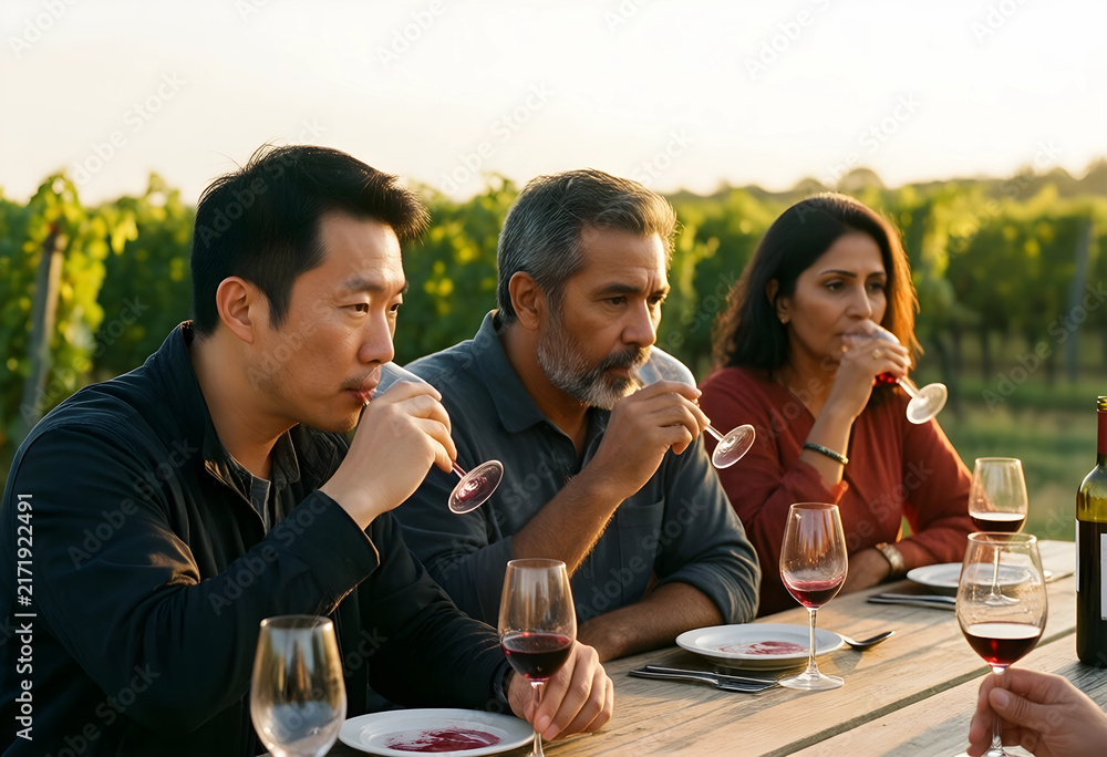 Naklejka premium Wine tasting and social connection, diverse friends enjoying red wine at a vineyard dinner during sunset with outdoor leisure and lifestyle experiences