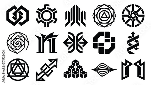 Collection of ancient japanese family crests or mon symbols in black and white