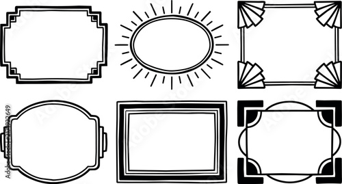Black and white geometric illustration featuring six ornamental frame border designs collection