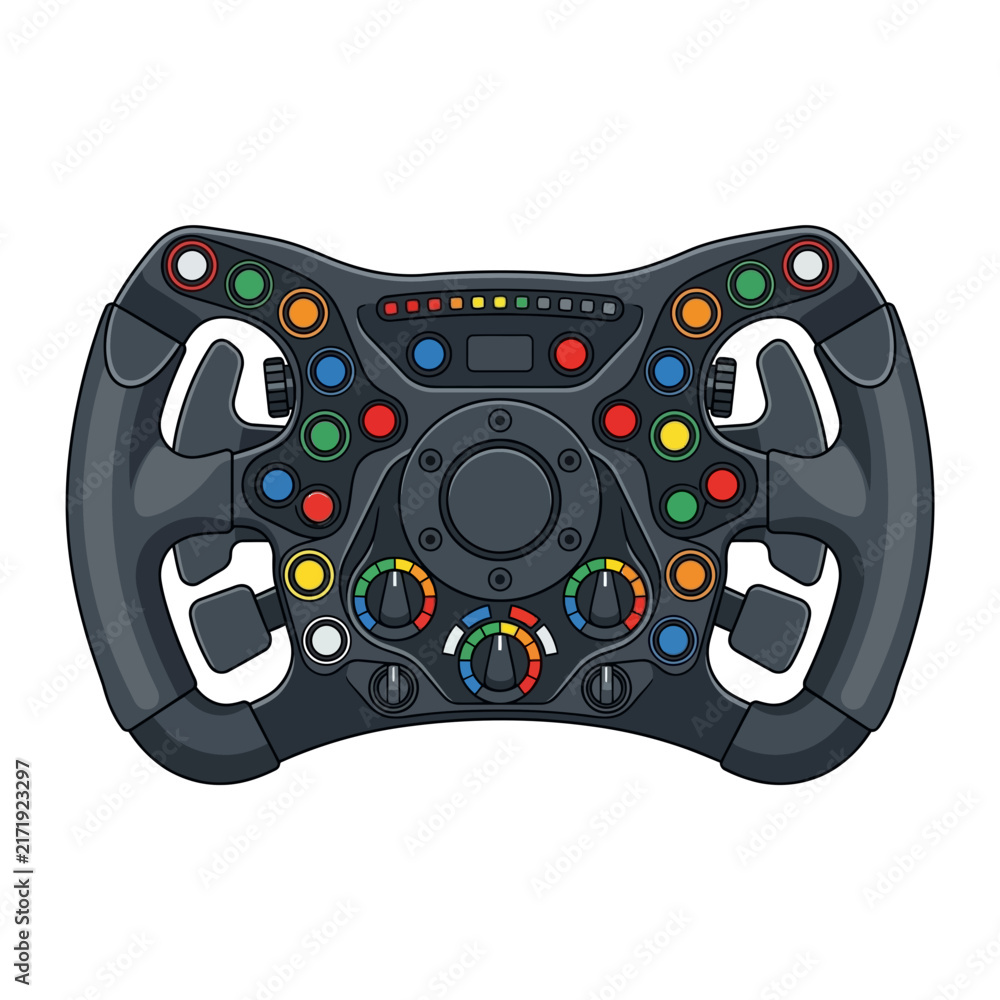 Fototapeta premium Detailed Vector Illustration of a Professional Formula 1 Style Racing Steering Wheel with Colorful Buttons, Rotary Dials, and Paddle Shifters for Sim Racing and Motorsport Use