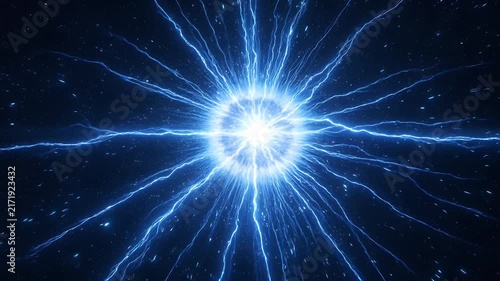 An abstract depiction of a luminous blue sphere radiating energy and light, resembling a powerful electric storm or a cosmic phenomenon