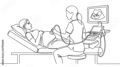 Doctor performing ultrasound examination on a pregnant woman in a medical clinic