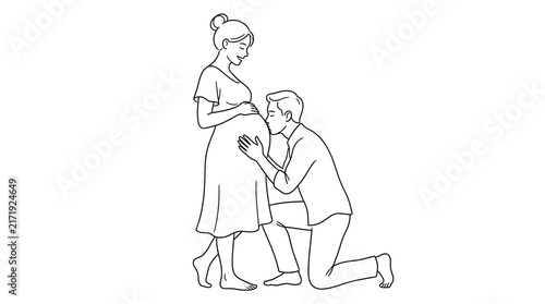 Man kissing pregnant woman's belly, line art illustration of expecting couple.