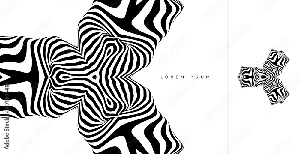 Fototapeta premium A striped pattern with an optical illusion effect. An emblem or geometric symmetrical figure for your design. 3D illustration for a brochure, postcard, cover, poster, presentation, flyer, or banner.