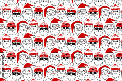 Vector Overcrowded Doodle Santa Claus Character Pattern with Mixed Winter Hats. Ideal for Festive Holiday Gift Wrap, Youth Apparel Prints, Modern Packaging, and Wallpaper